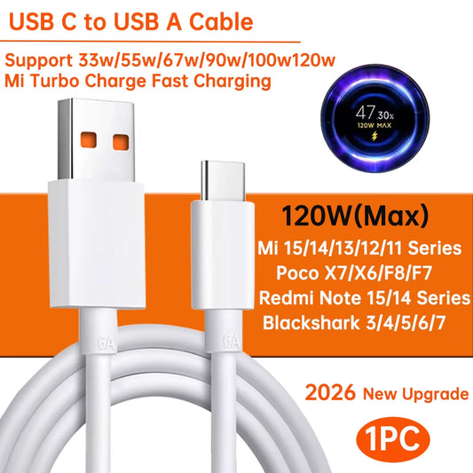 Original Usb Type C Cable 120W 90W 67W Turbo Fast Charger Mi 15 14 13 12 T Pro 11 Ultra Poco X6 X7 Redmi Note Blackshark