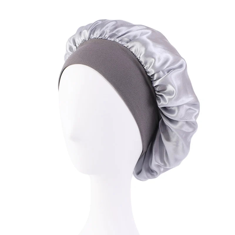 New Women'S Satin Solid Wide-Brimmed Sleeping Hat Unisex Head Wrap Elastic Band Cap Hair Care Bonnet Night Hat Bonnet De Nuit