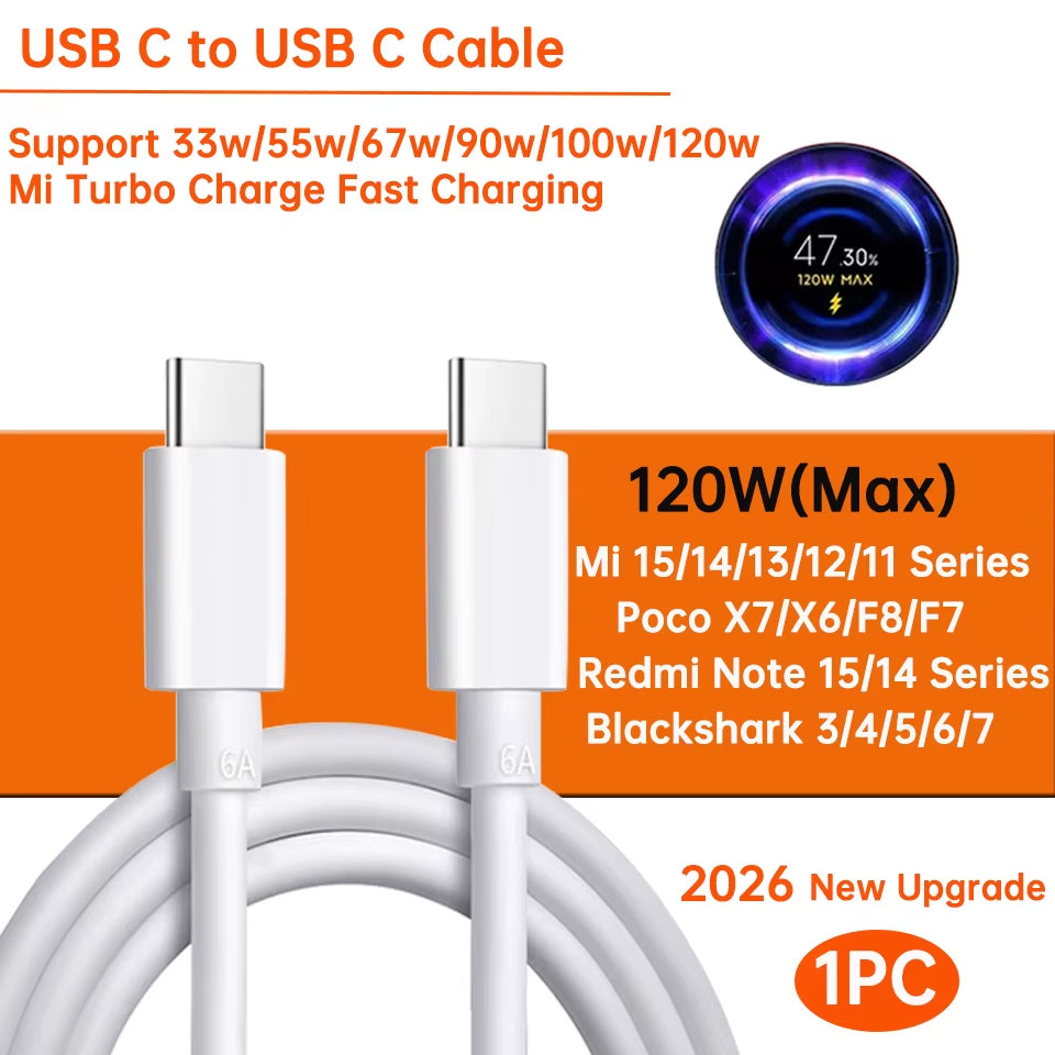 Original Usb Type C Cable 120W 90W 67W Turbo Fast Charger Mi 15 14 13 12 T Pro 11 Ultra Poco X6 X7 Redmi Note Blackshark