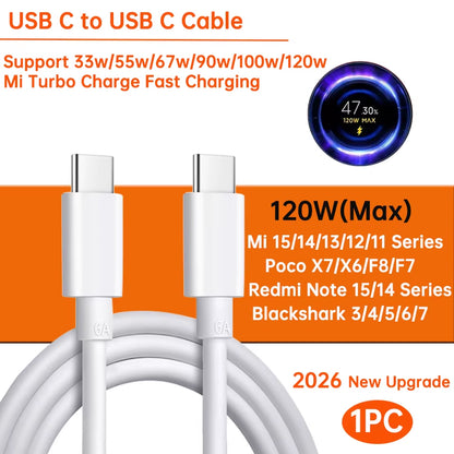 Original Usb Type C Cable 120W 90W 67W Turbo Fast Charger Mi 15 14 13 12 T Pro 11 Ultra Poco X6 X7 Redmi Note Blackshark