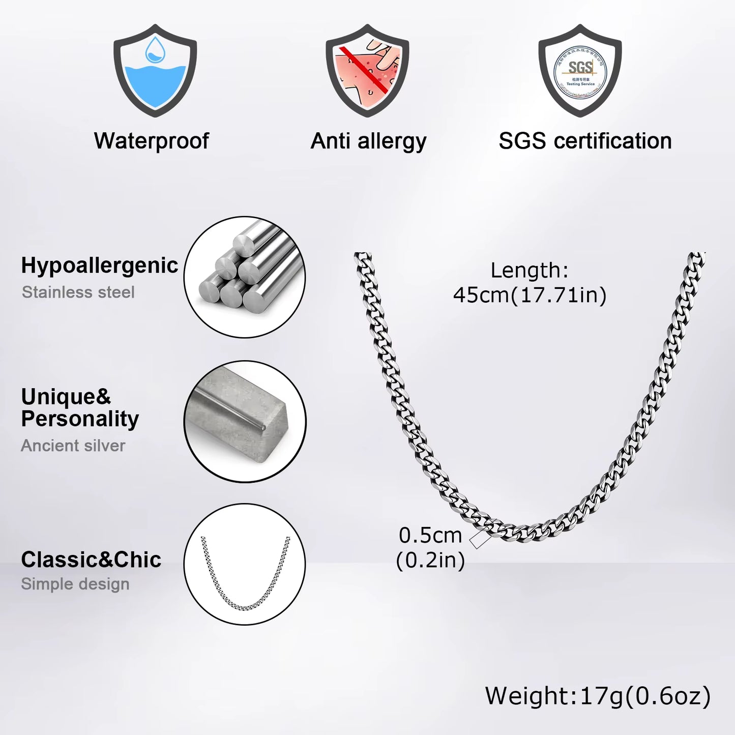 3-11MM Classic Cuban Chain Necklace for Men Women,Silver Black Gold Grey Color Stainless Steel Chains,Basic Punk Jewelry Gift