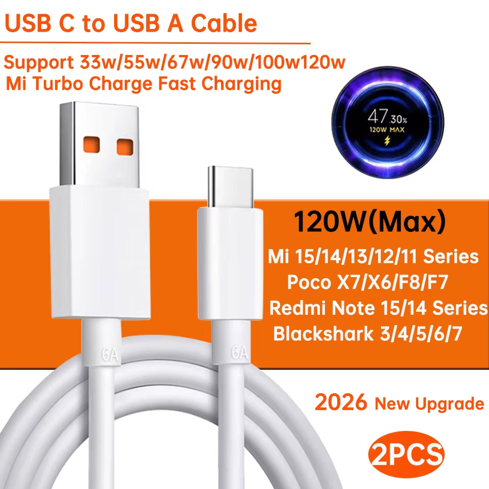 Original Usb Type C Cable 120W 90W 67W Turbo Fast Charger Mi 15 14 13 12 T Pro 11 Ultra Poco X6 X7 Redmi Note Blackshark